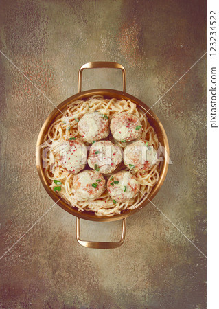 spaghetti with chicken meatballs, with cream sauce, and parmesan cheese, and decorated with microgreens, homemade, no people, spaghetti with chicken meatballs, with cream sauce, and parmesan cheese, and decorated with microgreens, homemade, no people, 123234522
