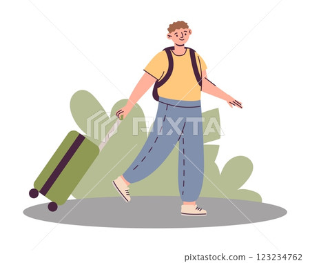 Child leaving home door. Guy walking and carrying baggage. Travel luggage. Boy holding suitcase. Tourist bag. Persons return. Coming to house. Young man trip. Vector homecoming concept Child leaving home door. Guy walking and carrying baggage. Travel luggage. Boy holding suitcase. Tourist bag. Persons return. Coming to house. Young man trip. Vector homecoming concept 123234762