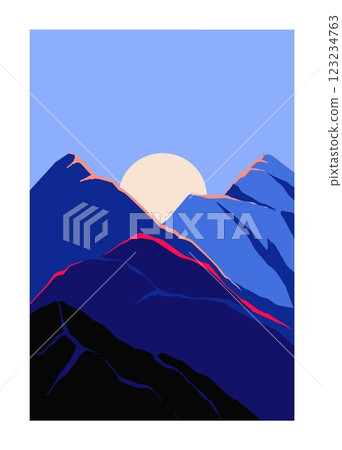 Abstract landscape poster. Mountain night background and bright moon. Geometric hills and rocks. Blue sky. Simple decorative backdrop. Artwork minimal cartoon flat isolated vector illustration 123234763