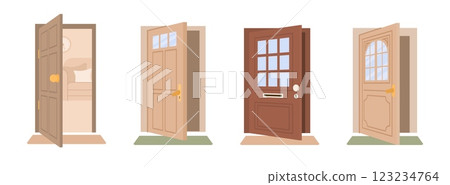 Door closing and opening. Home entrance. Wooden frame. Apartment entry. Window and doorknob. Ajar house exit. Return and leaving. Apartment entry. Building doorpost. Vector doorways set 123234764