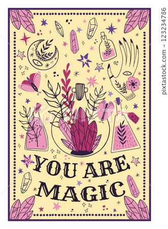 Boho good vibe. Magic line isolated elements. Bohemian mysterious ornament. Tarot cover. Motivation poster. Nature garden decorative print. Ethnic pattern. Esoteric graphic vector illustration 123234786