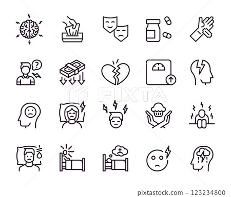 Depress icons. Mental health. Anxiety line symbol. Mind disorder. Tired person in stress. Lonely or apathy mood. Hopeless and loneliness. Broken heart. Brain disease. Vector pictograms set Depress icons. Mental health. Anxiety line symbol. Mind disorder. Tired person in stress. Lonely or apathy mood. Hopeless and loneliness. Broken heart. Brain disease. Vector pictograms set 123234800
