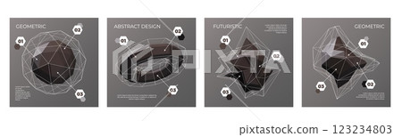 Abstract banners. 3D geometric shapes with line grid structure. Render black sphere. Wireframe texture. Hipster polygon diamond space or cosmic science graphic. Vector backgrounds set Abstract banners. 3D geometric shapes with line grid structure. Render black sphere. Wireframe texture. Hipster polygon diamond space or cosmic science graphic. Vector backgrounds set 123234803