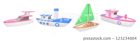 3d boat. Fishing ship. Summer yacht cruise. Transport in sea water. Maritime travel. Fishery industry. Transportation trip. Speedboat tour. Motorboat voyage. Vector render icons set 3d boat. Fishing ship. Summer yacht cruise. Transport in sea water. Maritime travel. Fishery industry. Transportation trip. Speedboat tour. Motorboat voyage. Vector render icons set 123234804