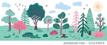 Cute tree. Hand drawn spring forest paint, abstract cartoon summer garden or sketch sun bush and leaf. Green and pink plants, horizontal banner backdrop. Doodle landscape. Vector background 123234814
