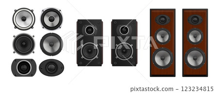 Sound speaker. 3D music box. Stereo system or audio loudspeaker for home theater. Boom loud acoustic. Disco electronic equipment. Woofer player. Vector isolated boombox elements set 123234815