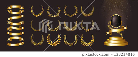 Gold ribbon. Award medal, laurel wreath emblem or shield on podium, black or golden Oscar winner prize, champion rank, quality sign. Realistic isolated premium elements. Vector concept set 123234816