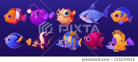 3d fish. Cute sea animal, underwater ocean clown and goldfish, kid for baby water game. Happy aquarium life, tropical character, Caribbean coral reef colorful fauna. Vector cartoon icons set 123234818