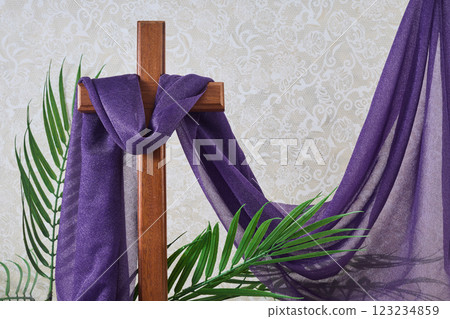 Lenten Cross and Purple Cloth. Elegant Cross Display Lenten Cross and Purple Cloth. Elegant Cross Display 123234859
