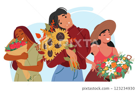 Ladies of various nationalities with flower blossoms bouquet celebrating international women day Ladies of various nationalities with flower blossoms bouquet celebrating international women day 123234930