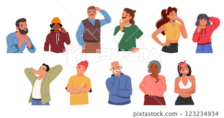 Diverse people pondering cartoon characters showcasing thinking, making choice and decision gesture 123234934