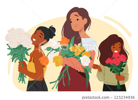 Cute teenage girls with bunch of flowers celebrating holiday event feeling positive and happiness 123234936