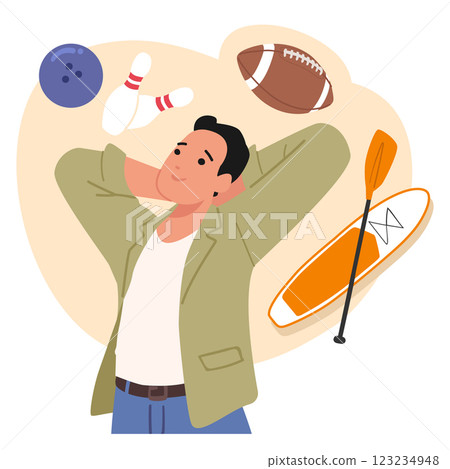 Young guy character dreaming about active sport lifestyle choosing physical recreation for health Young guy character dreaming about active sport lifestyle choosing physical recreation for health 123234948