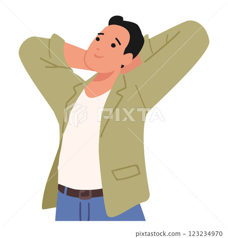 Dreamlike young man cartoon character planning future making decision feeling positive and relaxed 123234970