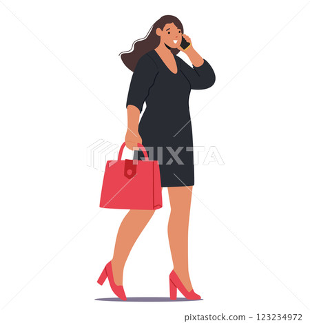 Busy businesswoman cartoon character walking speaking mobile phone holding business communication 123234972