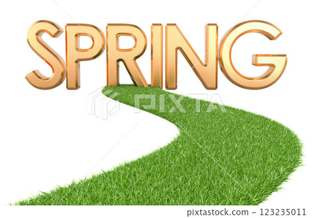 Spring concept. Green Grass Way with spring inscription, 3D rendering Spring concept. Green Grass Way with spring inscription, 3D rendering 123235011