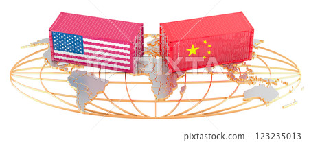 The US and China trade and tariffs agreement concept. Cargo containers with American and Chinese flags on the Earth map. 3d rendering The US and China trade and tariffs agreement concept. Cargo containers with American and Chinese flags on the Earth map. 3d rendering 123235013