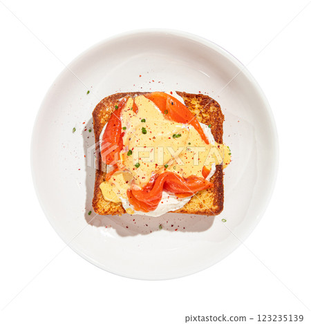 Brioche breakfast toast with egg and salmon Brioche breakfast toast with egg and salmon 123235139