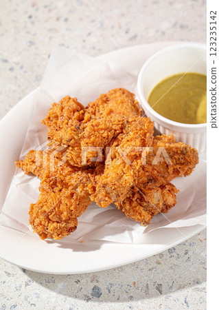 Golden fried chicken with sauce in the cafe 123235142