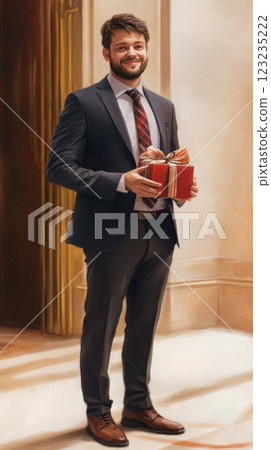 A proud man in a suit holds a graduation gift in a university hallway, symbolizing achievement and success. Ideal for academic and celebration themes. 123235222