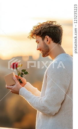 A romantic man holds a small gift box with a rose during a warm sunset, creating an intimate and emotional moment. Perfect for love and relationship themes. 123235223