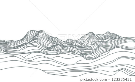 Abstract mountain landscape illustration. Wavy contour lines create depth and texture. Nature, geography, and topographic design concept. Minimalist line art drawing on a white background. Abstract mountain landscape illustration. Wavy contour lines create depth and texture. Nature, geography, and topographic design concept. Minimalist line art drawing on a white background. 123235431