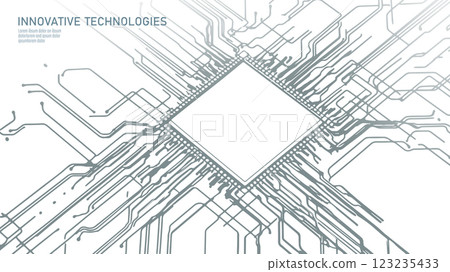 Microchip circuit board illustration. Thin electronic lines connect to the central processor. Technology, computing, and innovation concept. Minimalist digital line art on white background 123235433