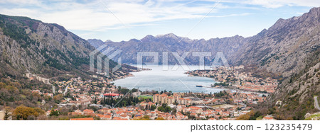 Panoramic view of Kotor town and Bay Boca from mountain view point in Montenegro in winter time 123235479