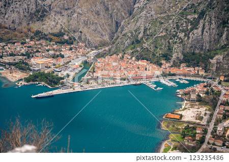 Panoramic view of Kotor town and Bay Boca from mountain view point in Montenegro in winter time Panoramic view of Kotor town and Bay Boca from mountain view point in Montenegro in winter time 123235486