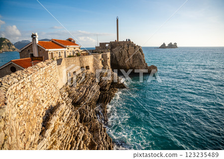 View of the ancient fort on the rocks in Petrovac, Montenegro in winter time View of the ancient fort on the rocks in Petrovac, Montenegro in winter time 123235489