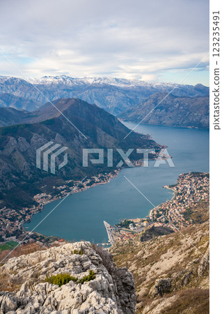 Panoramic view of Kotor Bay Boca and mountains from mountain view point in Montenegro in winter time 123235491