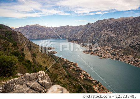 Panoramic view of Kotor town and Bay Boca from mountain view point in Montenegro in winter time 123235495