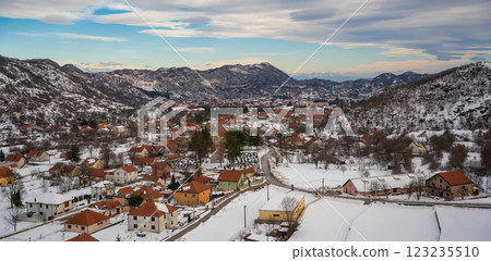Aerial view of Lovcen mountains and Cetinje city in Montenegro in winter time 123235510