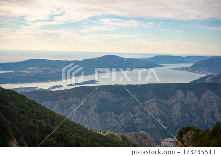 Panoramic view of Kotor Bay Boca and mountains from mountain view point in Montenegro in winter time 123235511