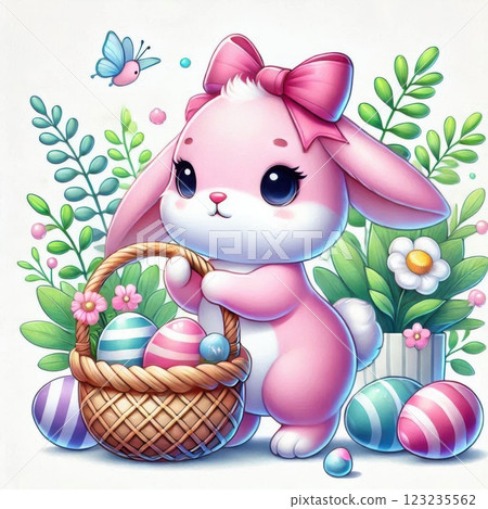 A pink Easter bunny holding a basket filled with colorful Easter eggs and flowers, symbolizing a festive spring celebration A pink Easter bunny holding a basket filled with colorful Easter eggs and flowers, symbolizing a festive spring celebration 123235562