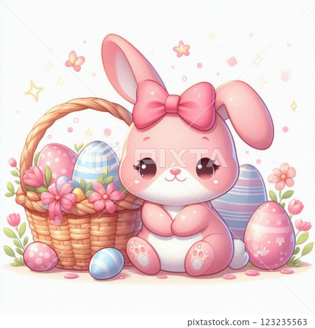 A pink Easter bunny holding a basket filled with colorful Easter eggs and flowers, symbolizing a festive spring celebration 123235563