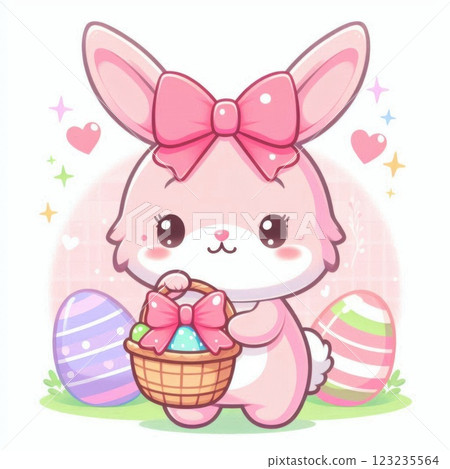 A pink Easter bunny holding a basket filled with colorful Easter eggs and flowers, symbolizing a festive spring celebration 123235564