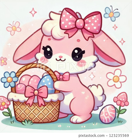 A pink Easter bunny holding a basket filled with colorful Easter eggs and flowers, symbolizing a festive spring celebration 123235569