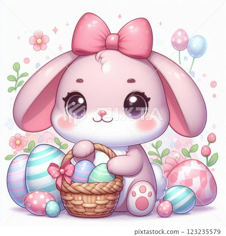 A pink Easter bunny holding a basket filled with colorful Easter eggs and flowers, symbolizing a festive spring celebration 123235579