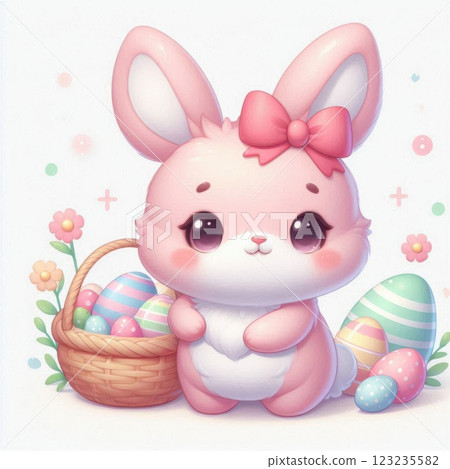 A pink Easter bunny holding a basket filled with colorful Easter eggs and flowers, symbolizing a festive spring celebration 123235582