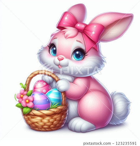 A pink Easter bunny holding a basket filled with colorful Easter eggs and flowers, symbolizing a festive spring celebration 123235591
