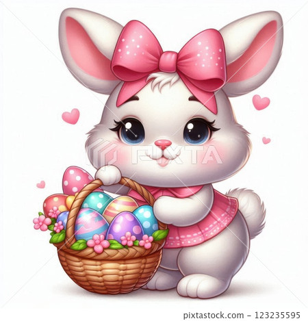 A pink Easter bunny holding a basket filled with colorful Easter eggs and flowers, symbolizing a festive spring celebration 123235595