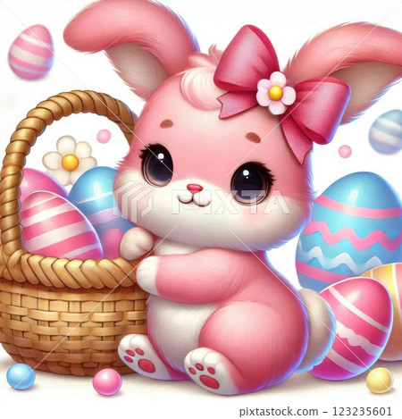 A pink Easter bunny holding a basket filled with colorful Easter eggs and flowers, symbolizing a festive spring celebration 123235601