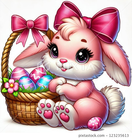 A pink Easter bunny holding a basket filled with colorful Easter eggs and flowers, symbolizing a festive spring celebration 123235613