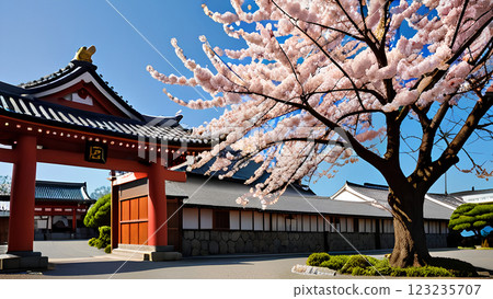 櫻花與藍天交相輝映的寺廟美景 123235707