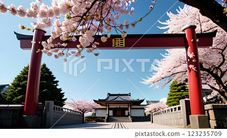 櫻花與藍天交相輝映的寺廟美景 123235709