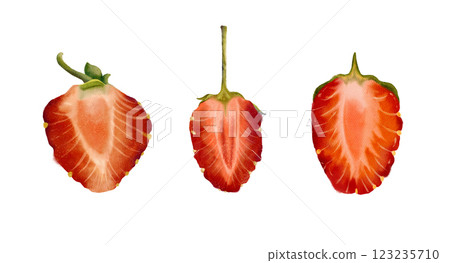 A closeup view of halved strawberries, showcasing their freshness, juiciness, and ripeness A closeup view of halved strawberries, showcasing their freshness, juiciness, and ripeness 123235710