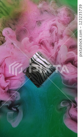 Stripes cube. Festive zebra pattern. Defocused pink blue green haze fume splash mist fog smoke paint ink on abstract background. Stripes cube. Festive zebra pattern. Defocused pink blue green haze fume splash mist fog smoke paint ink on abstract background. 123235739
