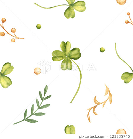 Seamless Pattern with Clover, Shamrock and green and Golden Branches and Bubbles. Watercolor hand drawn illustration isolated on a white background. For St. Patricks day designs, fabric, textile Seamless Pattern with Clover, Shamrock and green and Golden Branches and Bubbles. Watercolor hand drawn illustration isolated on a white background. For St. Patricks day designs, fabric, textile 123235740