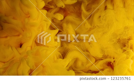 Water paint splash. Fume color fog. Defocused yellow haze mist ink vapor liquid smoke texture fluid flow on abstract art background. 123235761